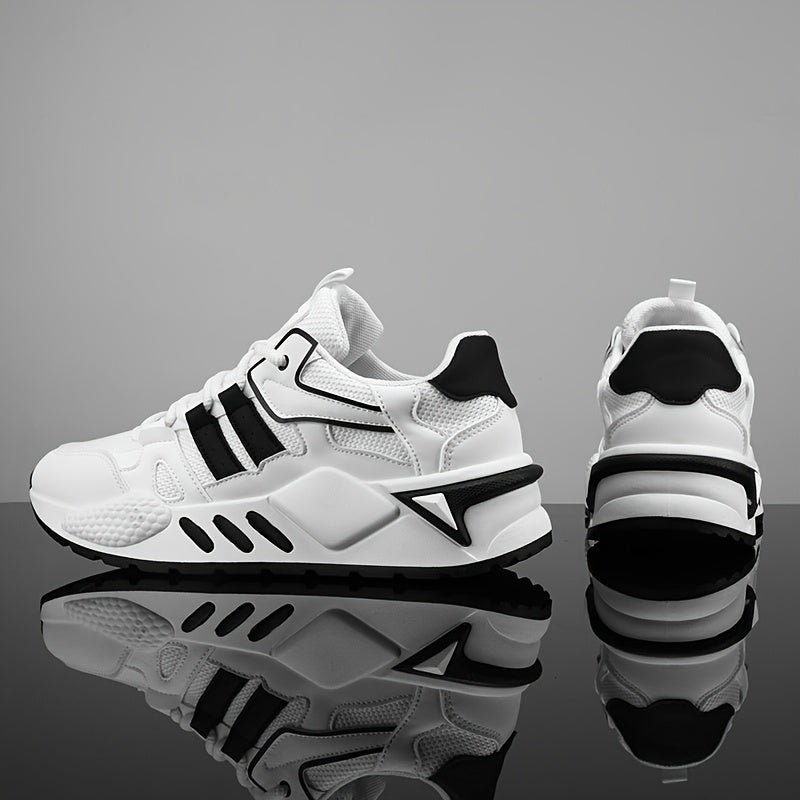 Men's Low-Top Skate Sneakers - White/Black Accent Lace-Up Shoes, Cushioned EVA Insole Non-Slip Rubber Outsole for All-Season Urban Streetwear, Gym, Everyday - Breathable PU Upper Casual Shoes, Gym Footwear, Street Style, Du