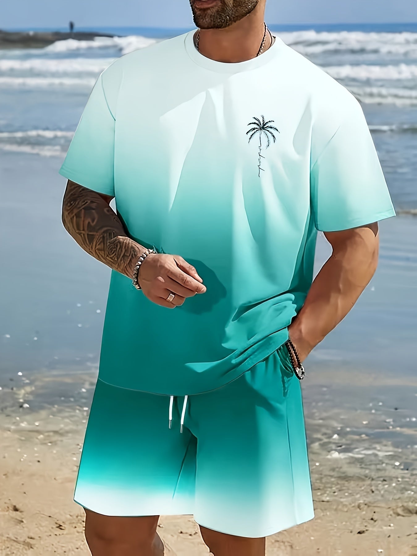 Men's fashion crewneck short-sleeved shorts two-piece set, 3D digital printing HD pattern, summer leisure and comfortable vacation sports Men's wear
