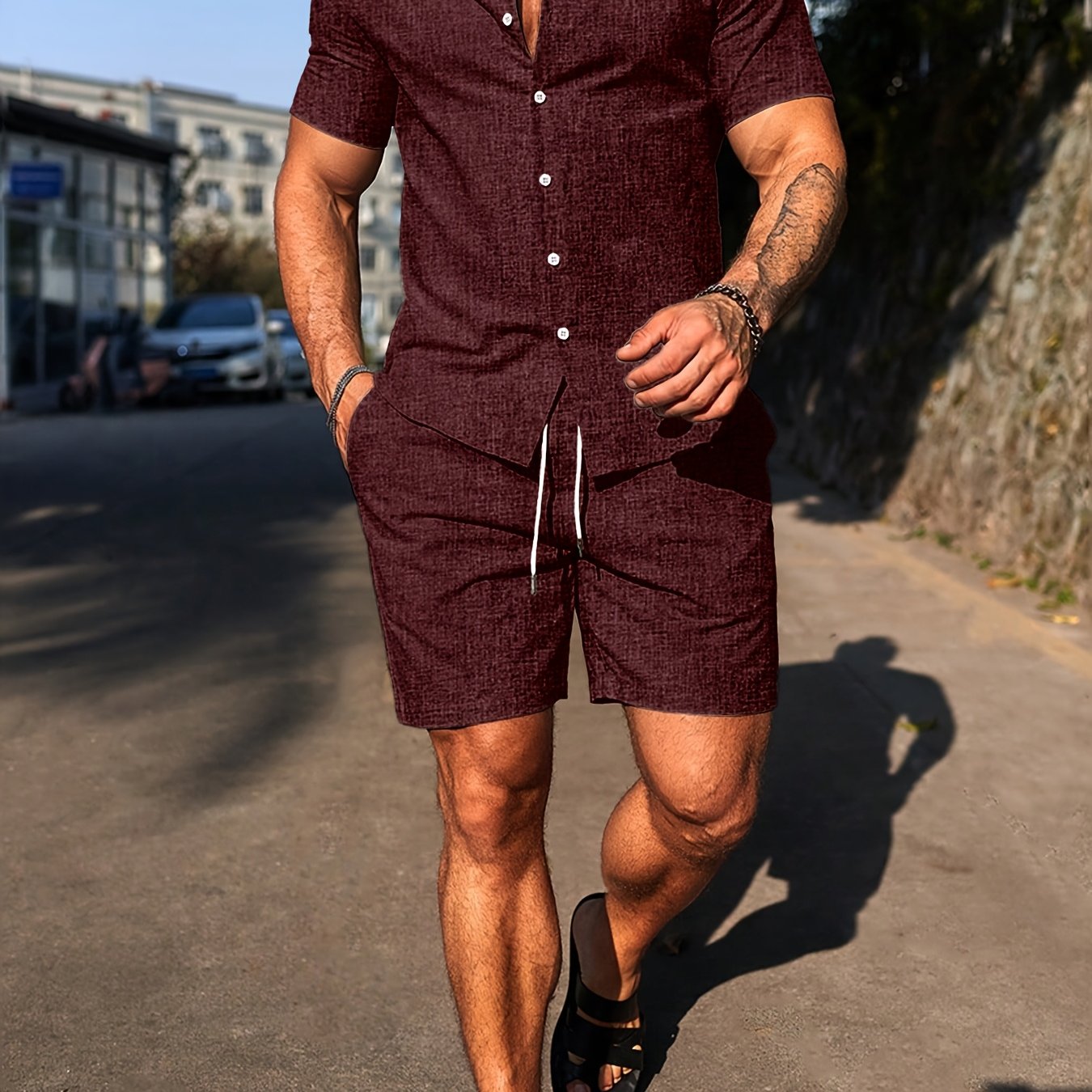 Bechimai Custom Men'S Solid Color Turn- Collar Summer Fresh Suit Double- Shirt Fabric Short-Sleeve Shirt and Shorts Casual Summer Set