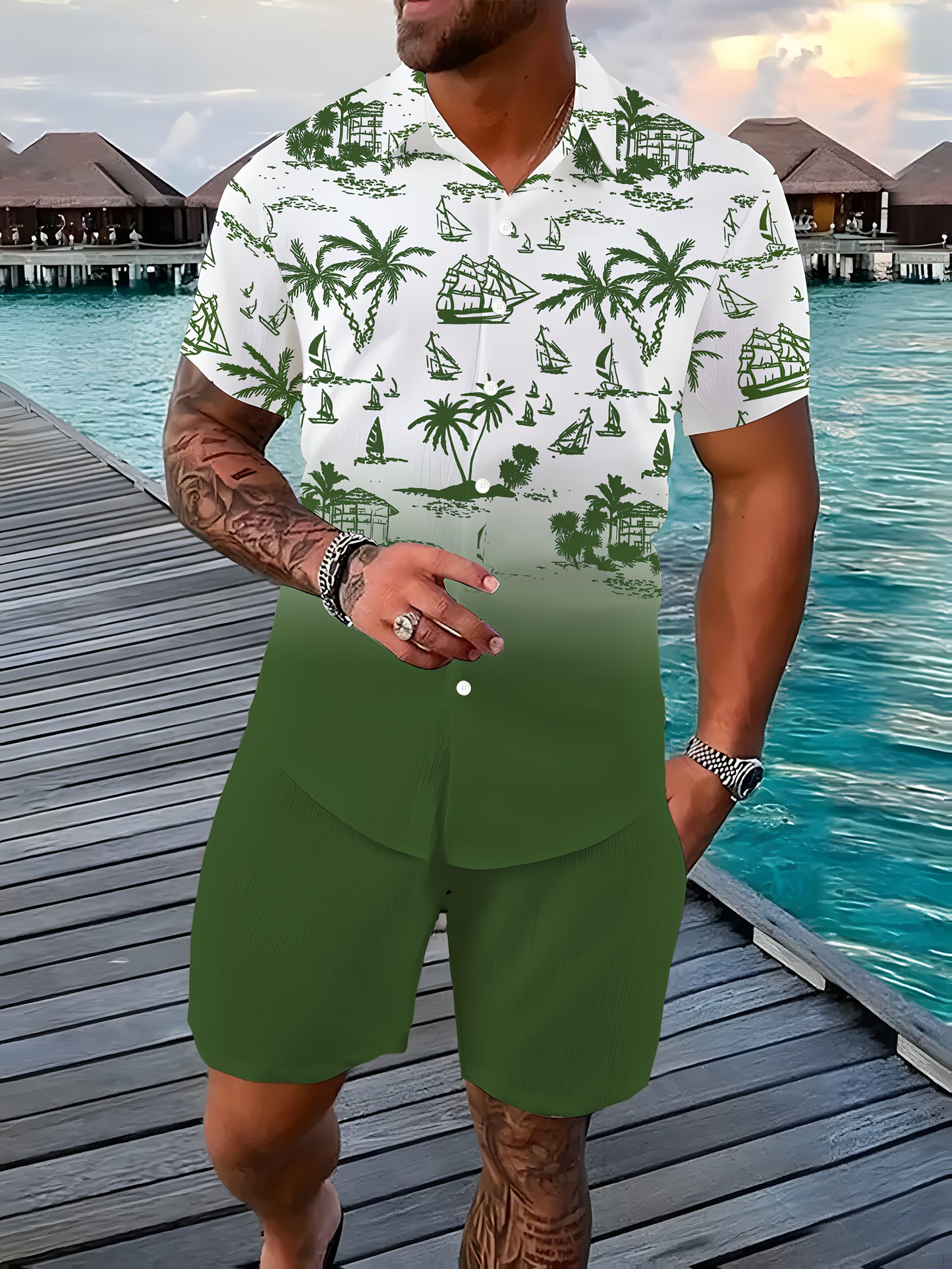 Men's 3D Printed Lapel Casual Shirt and Shorts Set