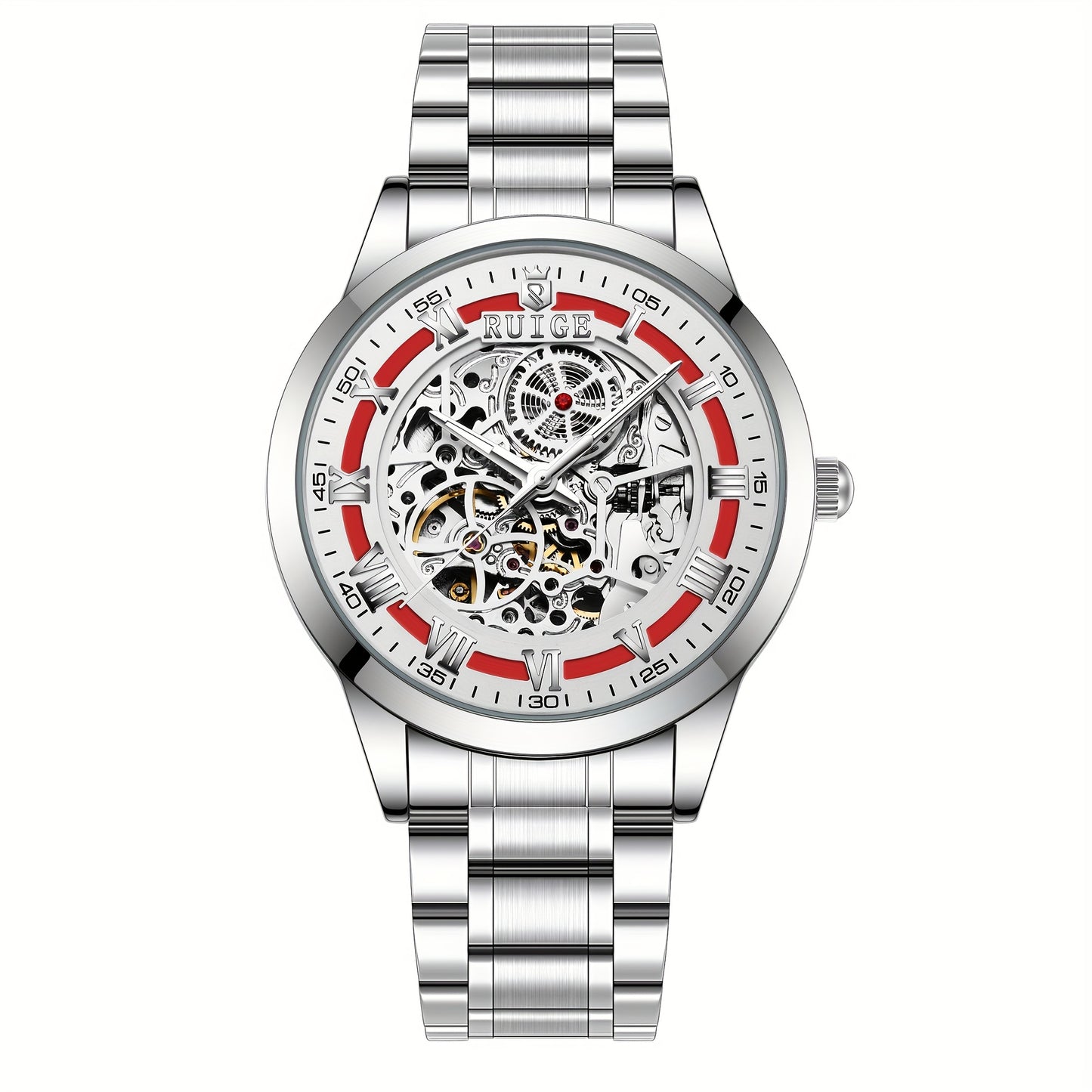 Dianpai Men'S Luxury Automatic Mechanical Watch - Skeleton Design, Stainless Steel Strap, Blue & White Dial, Mechanical Movement, Ideal for Christmas, Thanksgiving, and Spring Festival, Without Battery
