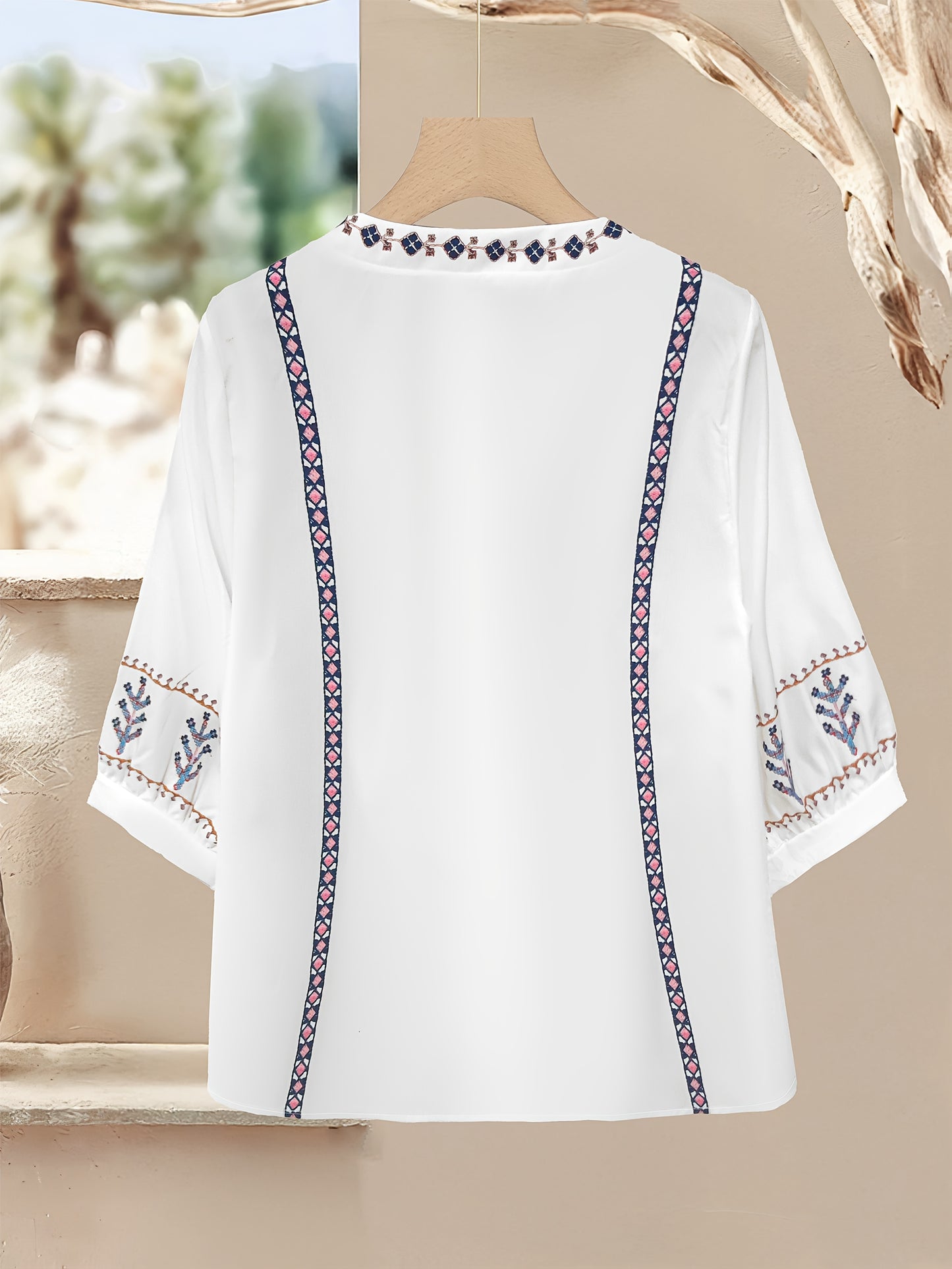 Elegant Ethnic Style Loose-Fit Top and Solid Color Casual Pants 2pcs Set for Women - Chic V-Neck with Floral Pattern, Long Sleeve, Polyester Blend, Perfect for Spring/Summer/Fall