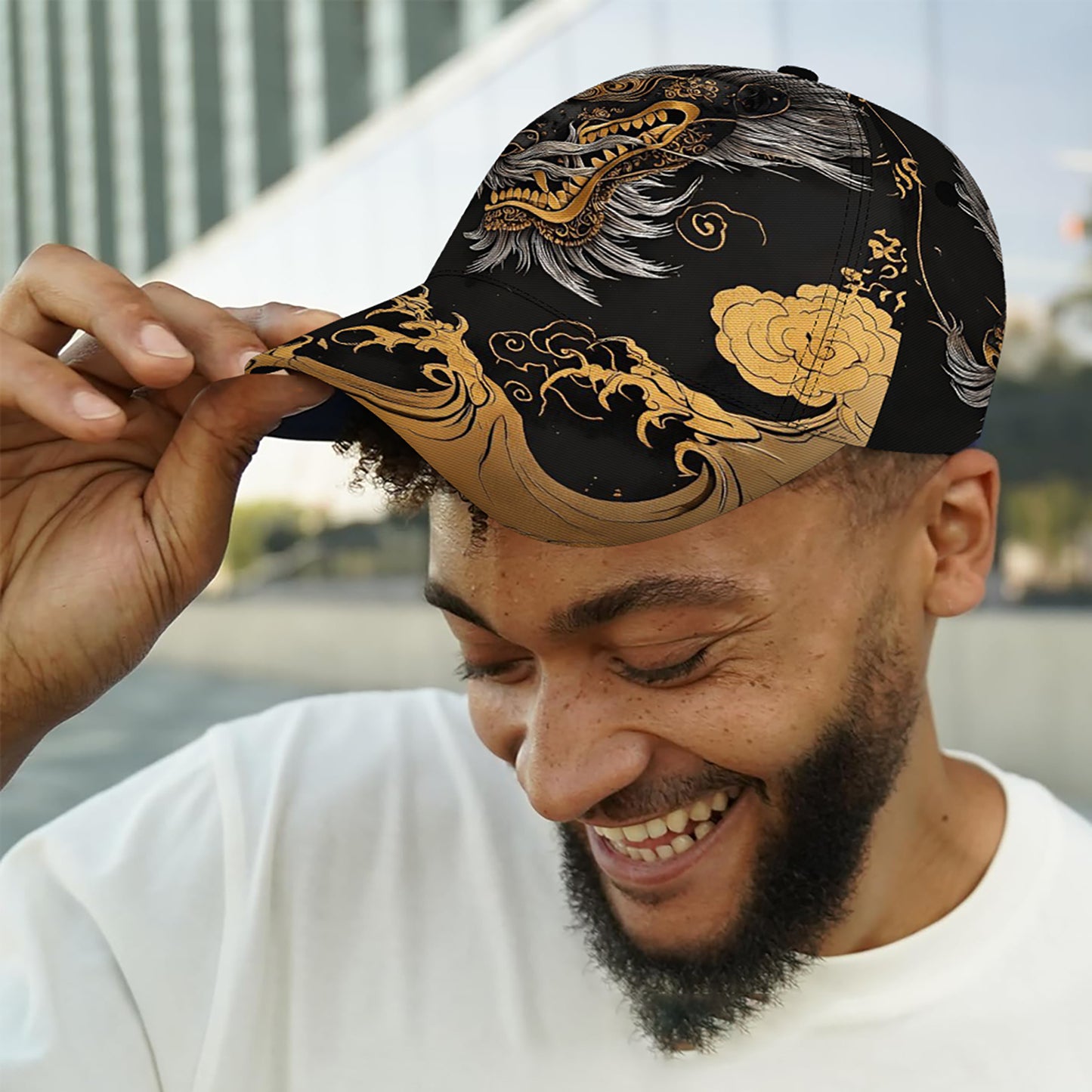 Stylish Dragon & Floral Print Baseball Cap - Breathable Lightweight Unisex Hat for Outdoor Sports, Casual Wear & Lunar New Year Festivities, Black with Golden/White Accents, Festive Headwear, Vibrant Patterned Cap, Comfortabl