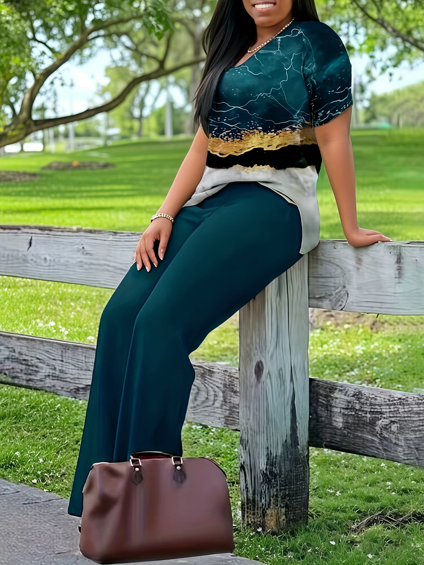 Xi Jun Bamboo Premium Casual Elegant V-Neck Printed Short Sleeve T-Shirt and Pants Two-Piece Set