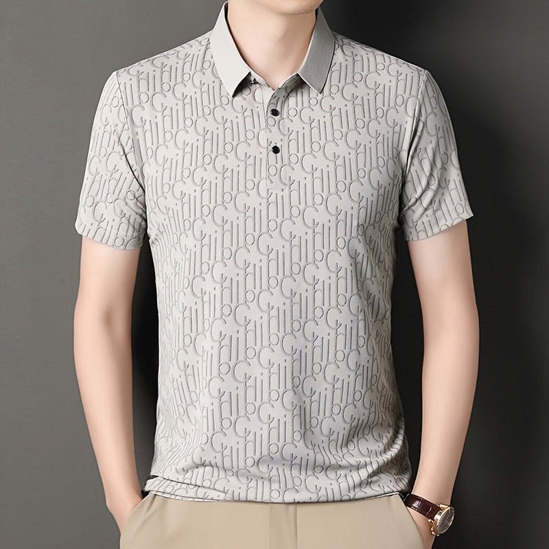 Men'S Casual Summer Short Sleeve T-Shirt with "Gil" Letter Print, Light Gray, Button-Up Collar, Medium Stretch Fabric, Regular Fit, Perfect for Weekend Outings, Relaxed Outing Shirt Letter Print Tee Medium Stretch Fabric
