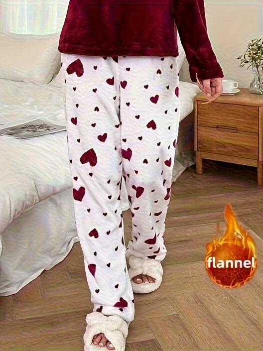 Women's Soft Flannel Pajama Pants with Heart Pattern & Elastic Waist - Cozy Winter Sleepwear, Machine Washable Lounge Pants for all-Season Comfortable Nightgowns for s