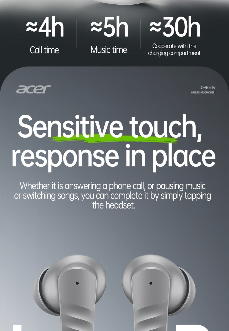 30h Wireless Earbuds Acer OHR503 Mini Sport Wireless Earbuds | Wireless Stereo, Long 30h Standby, Noise-Canceling, Comfortable Wear | Universal Fit, Latest Model, Touch Control
