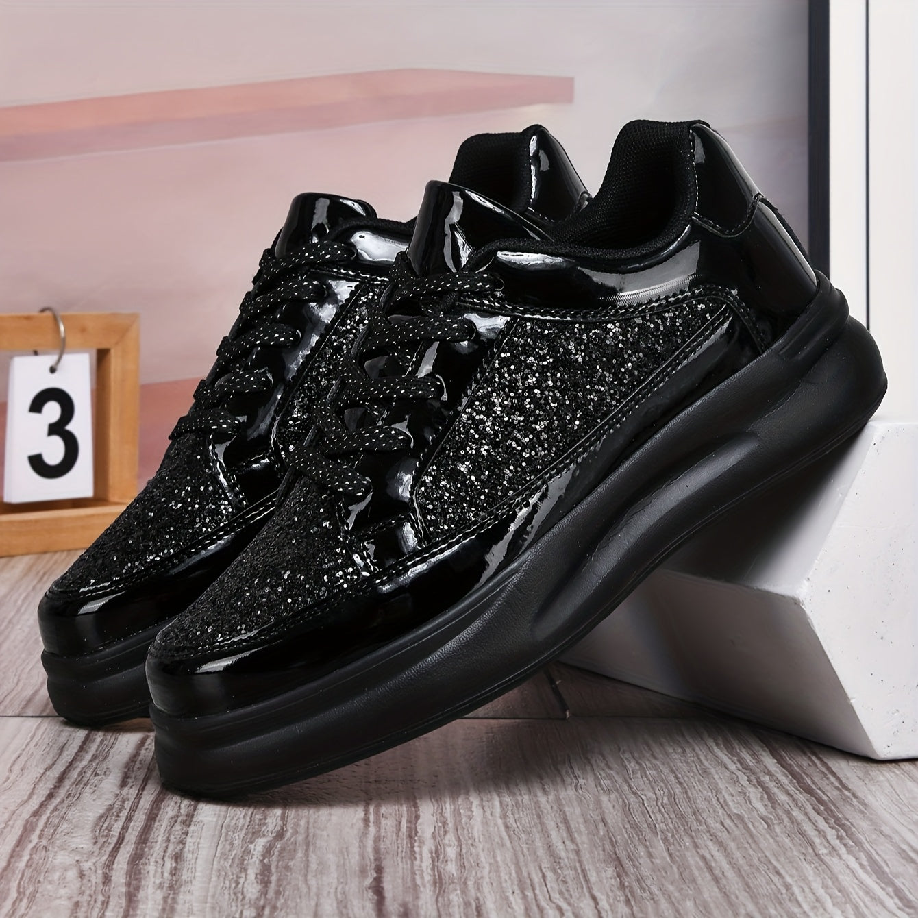 Men's Low-Top Casual Sneakers - Black Sparkling Embellishments, Breathable PU Upper EVA Cushioned Sole, Lace-Up Comfortable Walking Shoes for Men Women, Comfortable Footwear Sleek Shoe Design Flexible Footwear