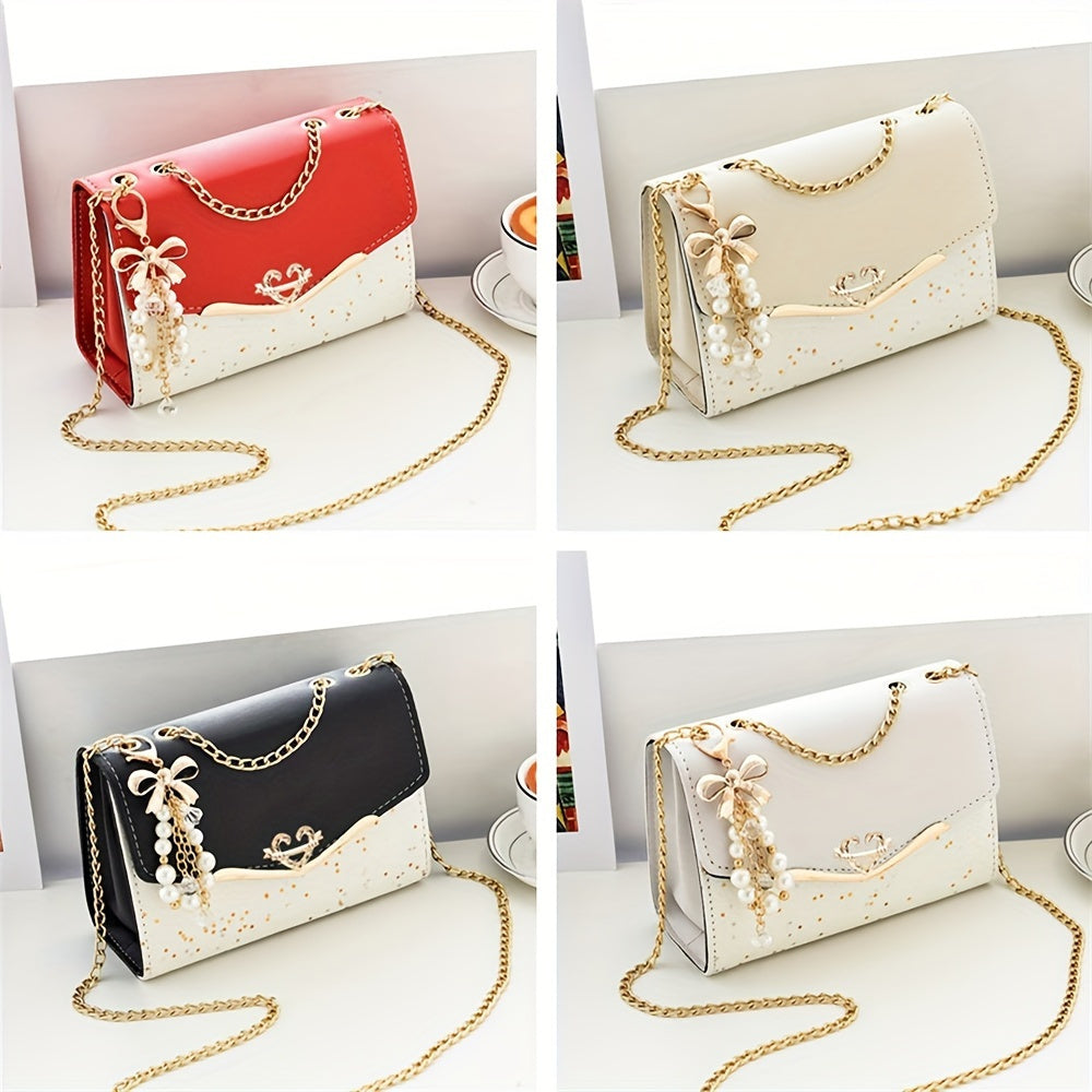 Elegant Women'S Sequin Chain Crossbody Bag - White Shoulder Purse with Golden-Tone Hardware & Decorative Pendant, Perfect for Festivals & Parties, Festival Shoulder Bag | Elegant Chain Strap | Decorative Pendant, Novelty Purs