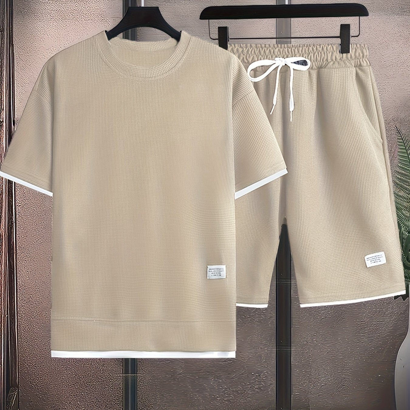 Waffle short-sleeved T-shirt Men's casual sports suit summer loose fake two-piece half-sleeve T-shirt set
