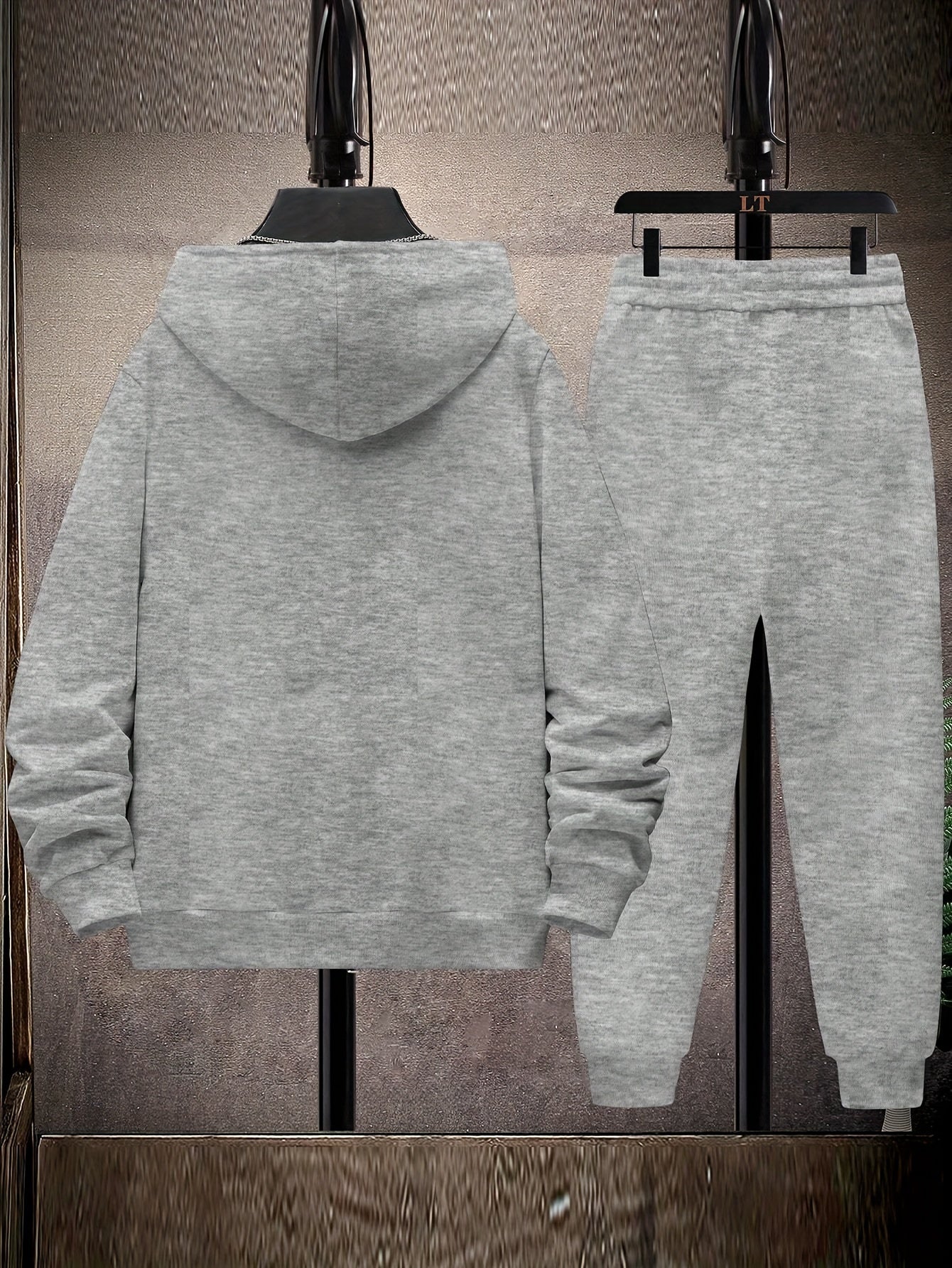 Men's Athletic Fleece Hoodie & Jogger Set - Sporty Gray with Black Accents, Zip-Up Jacket and Drawstring Pants, Polyester, Machine Washable for Fall/Winter