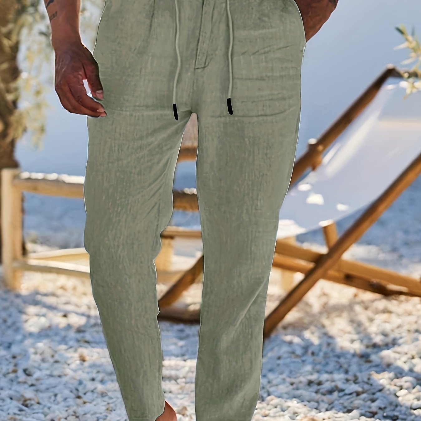 Men'S Casual Linen Drawstring Pants - Comfortable Straight Fit, Lightweight & Breathable for Beach & Outdoor Activities, Beach Casual Wear|Straight Fit Pants|Lightweight Fabric