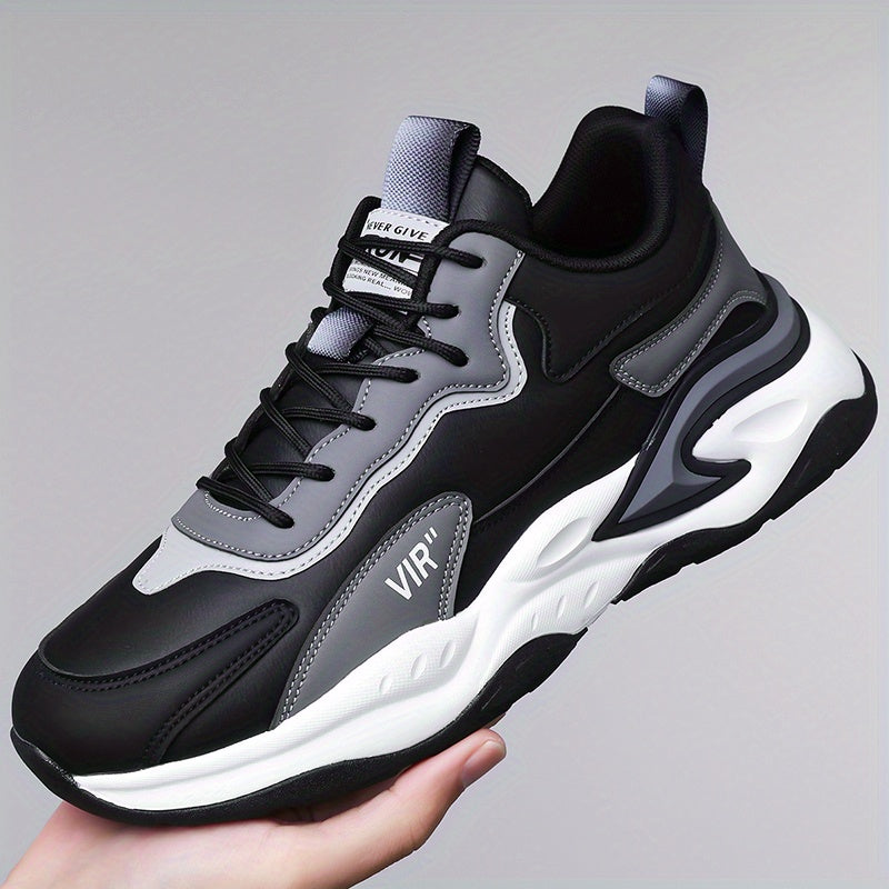 Men's Stylish Color-Block Sneakers - Black Gray with White Accents, Comfortable All-Day Wear, Durable Rubber Sole, Lace-Up Design, Trendy Low-Top Style for Casual or Athletic Use, Casual Sneakers Fashion Sneakers Pu Mat