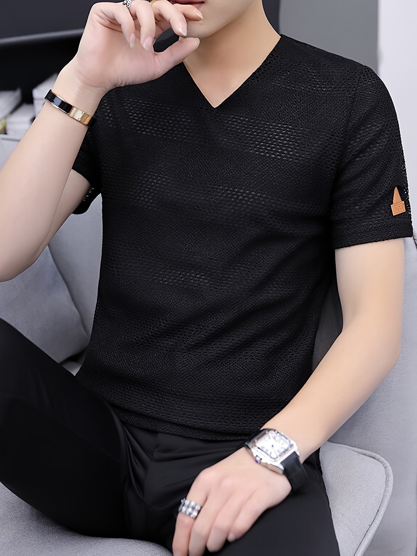 Men's Short-Sleeve T-Shirt Summer Hollow-Out Cool High-End Half Sleeve Breathable Non-See-Through