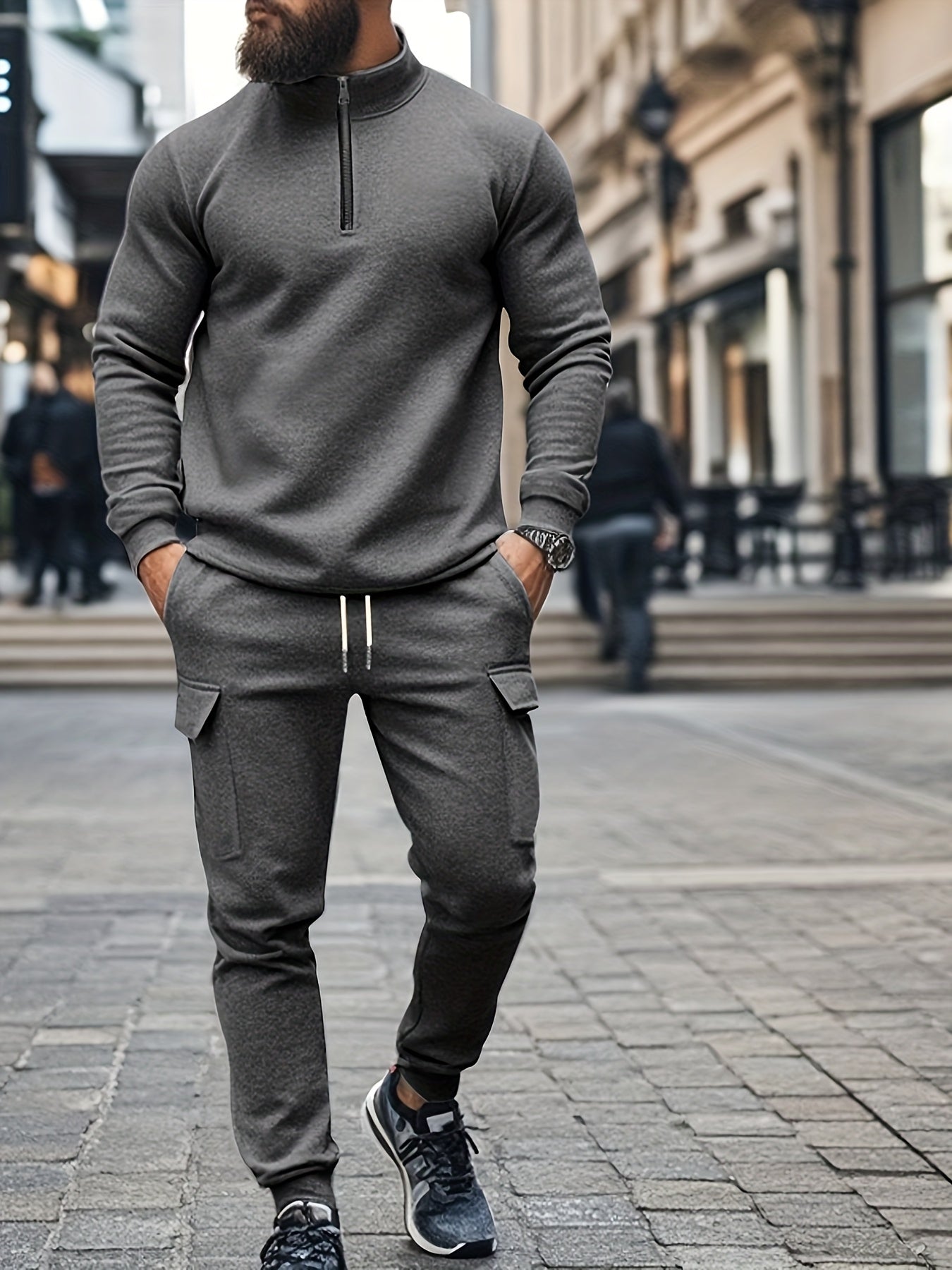 Versatile Ensemble, Men's Casual 2pcs Set: Heavyweight Zip-Up High Neck Sweatshirt & Pocketed Work Pants - Solid Color, Plush Fabric for Fall/Winter