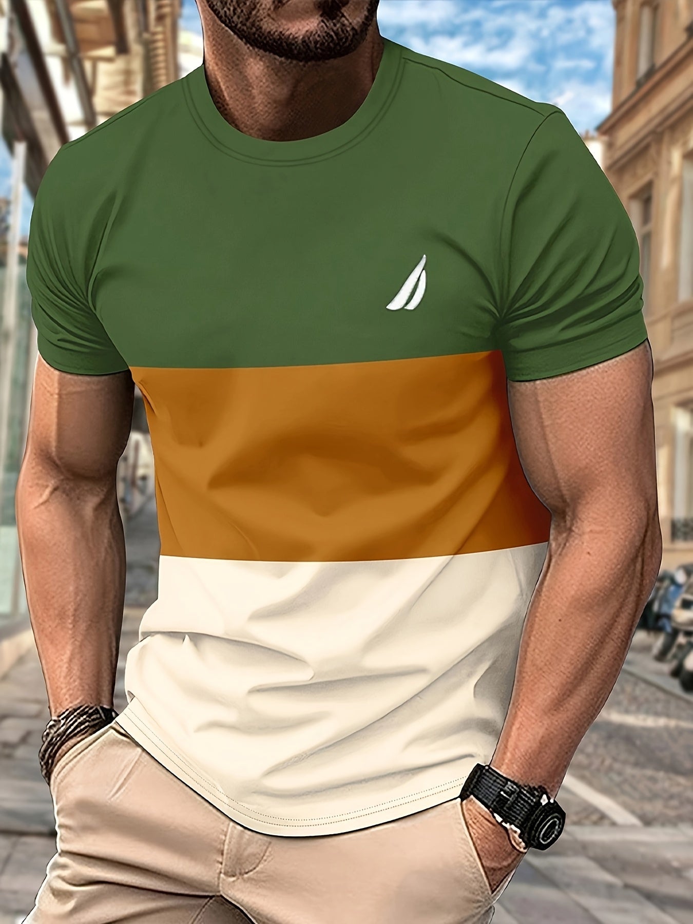 Men's Round Neck T-Shirt, Three-Color Patchwork Top with Asymmetric Double Stripes, Trendy Comfortable Breathable High-Quality Factory-Made Casual Fit