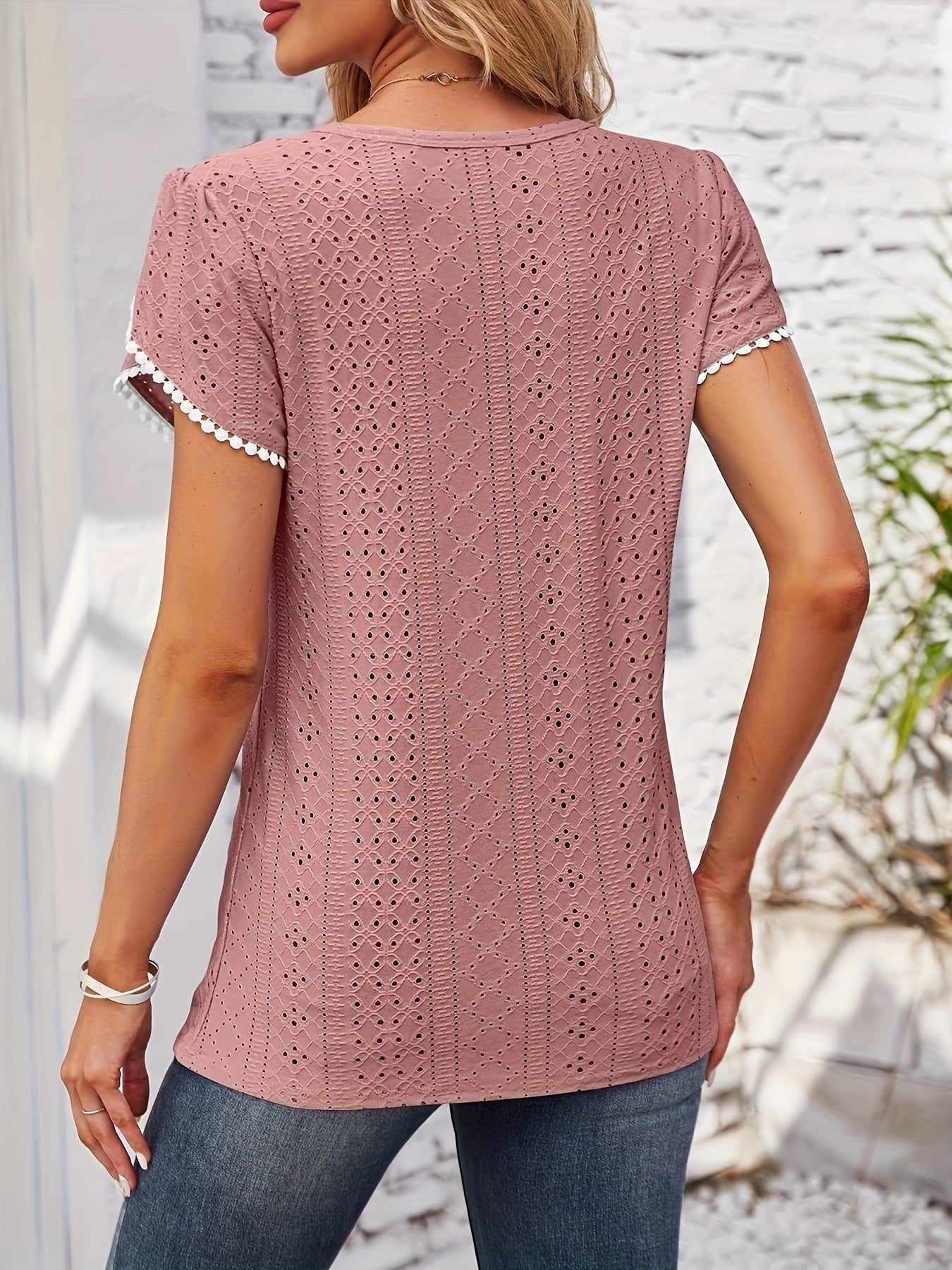 Women'S Elegant Blouse - Soft Pink Round Neck T-Shirt with Floral-like eyelet details, Breathable Loose Fit Top for Casual & Formal Outfits - Everyday Summer Shirt for Women, Ladies T Shirts, Versatile Clothing, Feminine Styl