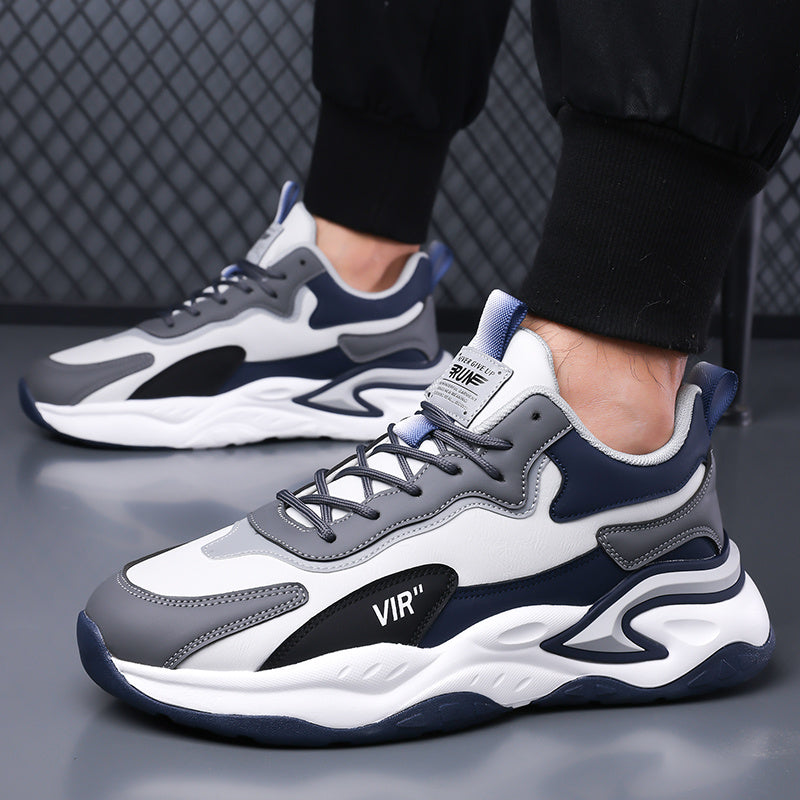 Men's Stylish Color-Block Sneakers - Black Gray with White Accents, Comfortable All-Day Wear, Durable Rubber Sole, Lace-Up Design, Trendy Low-Top Style for Casual or Athletic Use, Casual Sneakers Fashion Sneakers Pu Mat