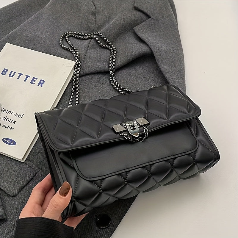 Women'black Plaid Crossbody Bag, Fashionable Chain Strap Shoulder Bag, Cold-pressed Quilting, Flip-top Closure, PVC-lined Synthetic Leather Handbag, Suitable for Women - Urban Style