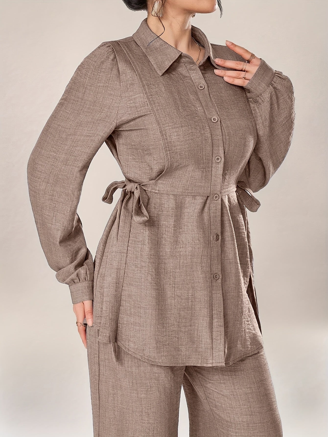 Women'S Stylish Two-Piece Set - Elegant Long Sleeve Shirt with Tie Waist and Wide Leg Pants, Perfect for Office Wear, Office Attire|Elegant Two-Piece Set|Polyester Fabric