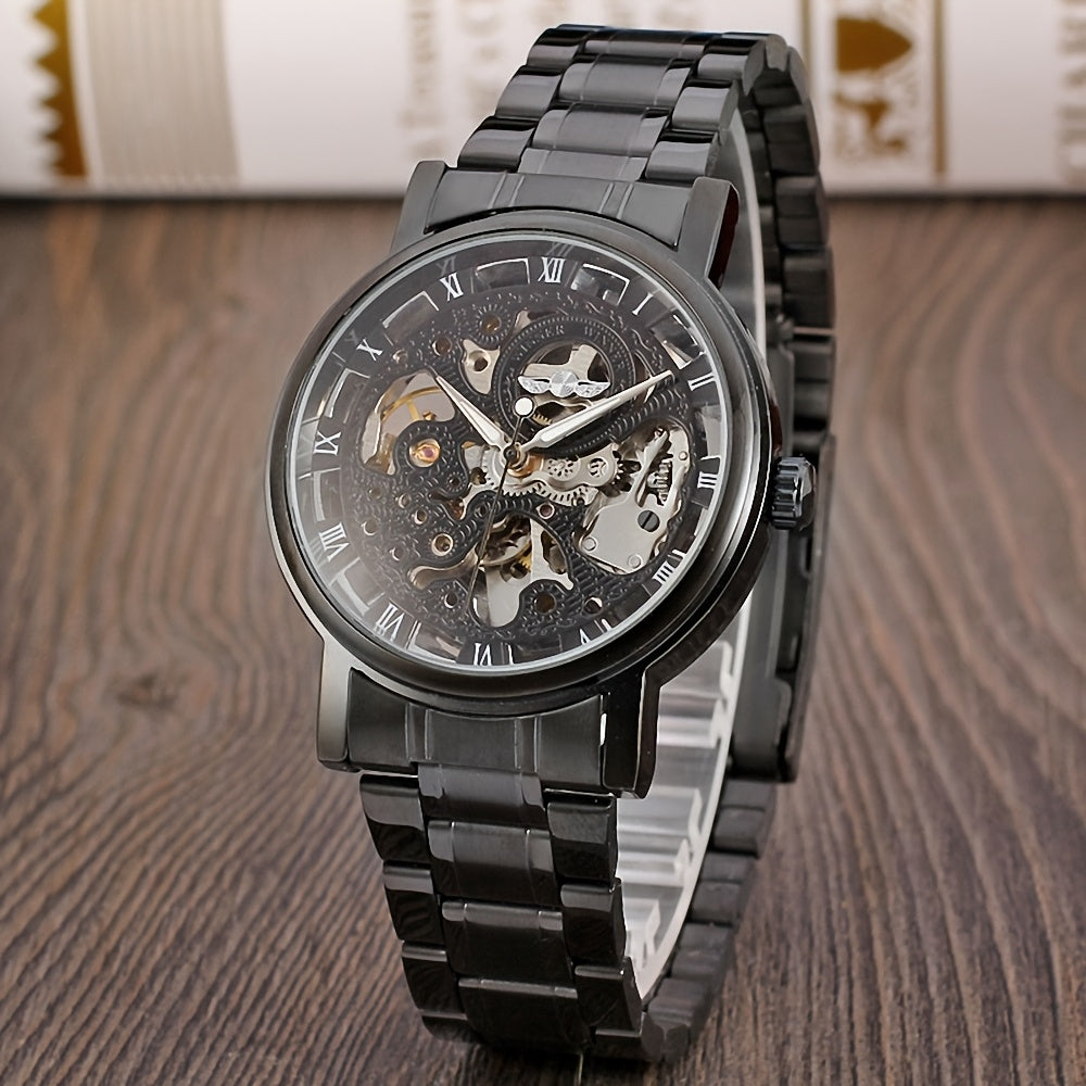 1pc T-WINNER Men'S Luxury Skeleton Automatic Mechanical Watch with Luminous Hands, Black Stainless Steel Strap & Roman Numerals - 3ATM High Quality, Business Casual Style, Includes Gift Box, Business Casual Watch | Skeleton W