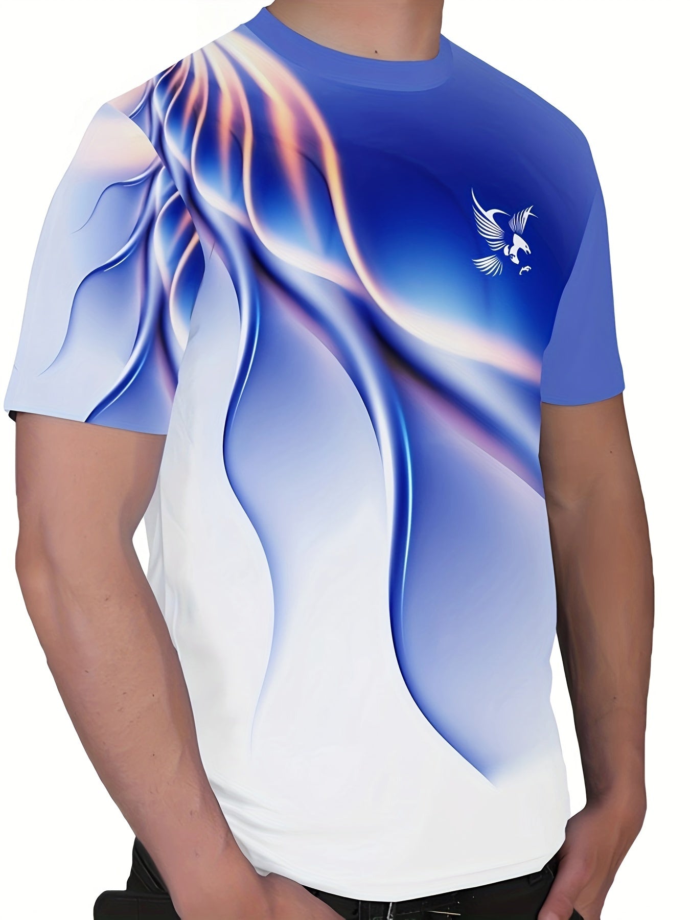Men'S Round Neck T-Shirt with a Simple Multicolored Bird Pattern Print in Trendy Style.