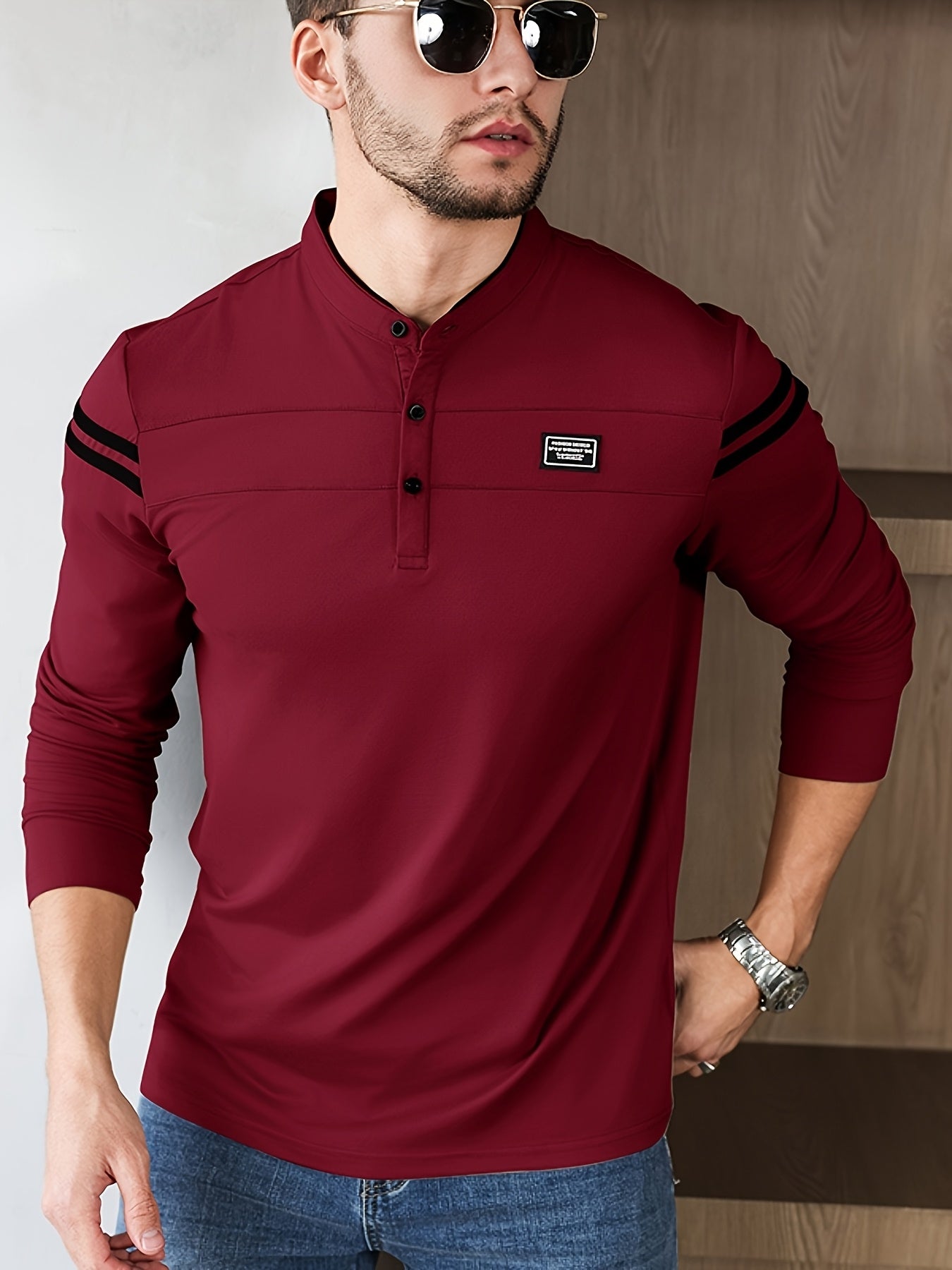 Men'S Casual Long Sleeve T-Shirt - Solid Color with Stand Collar Stripe Polo, Button-Up Front, Ideal for Outdoor Activities