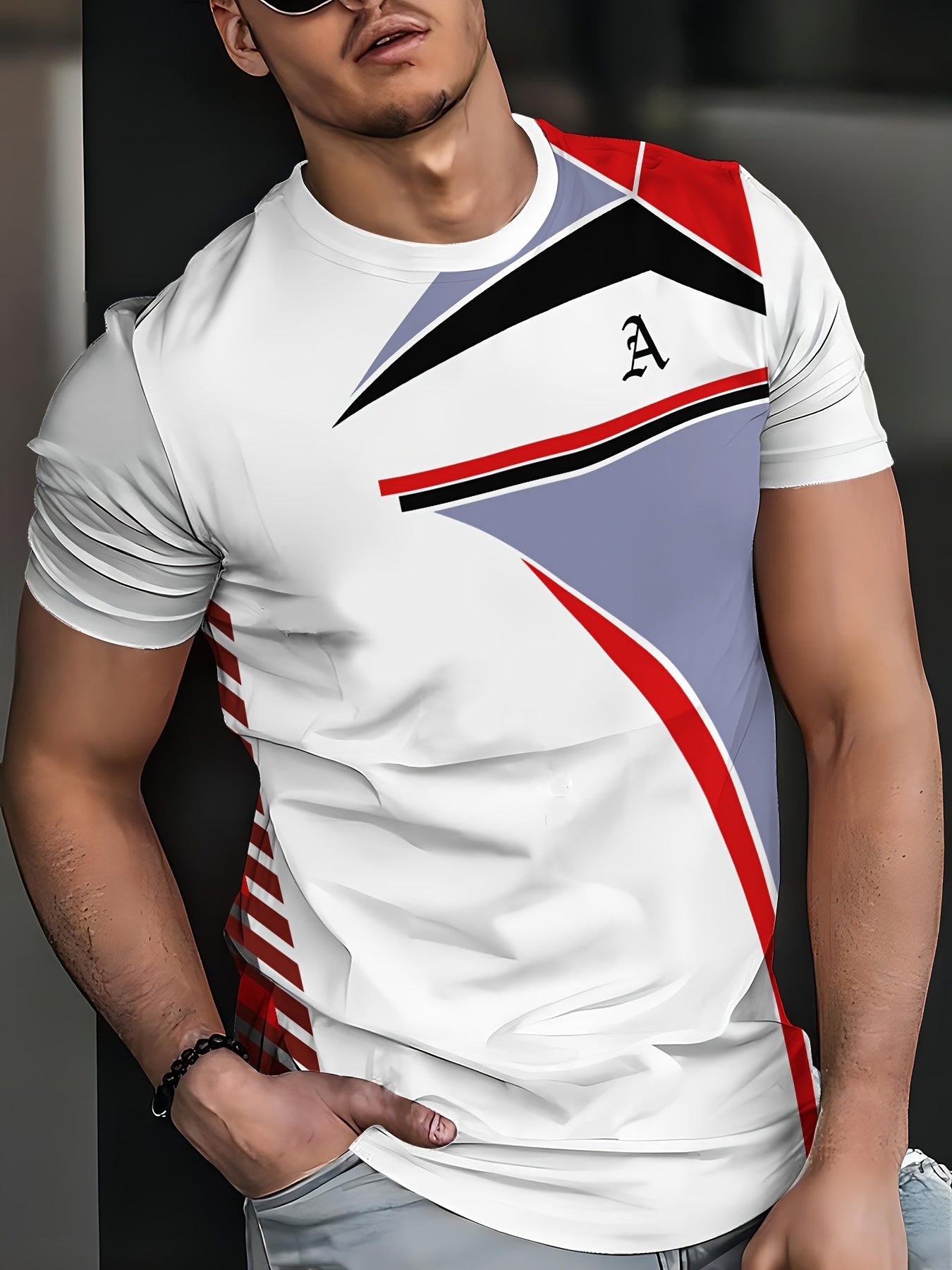 Men's Black 3D Geometric Print T-Shirt – Casual Short Sleeve Summer Tee with Red Gray Accents, Round Neck, Machine Washable for Outdoor Sports, Everyday Comfort, Durable Fabric