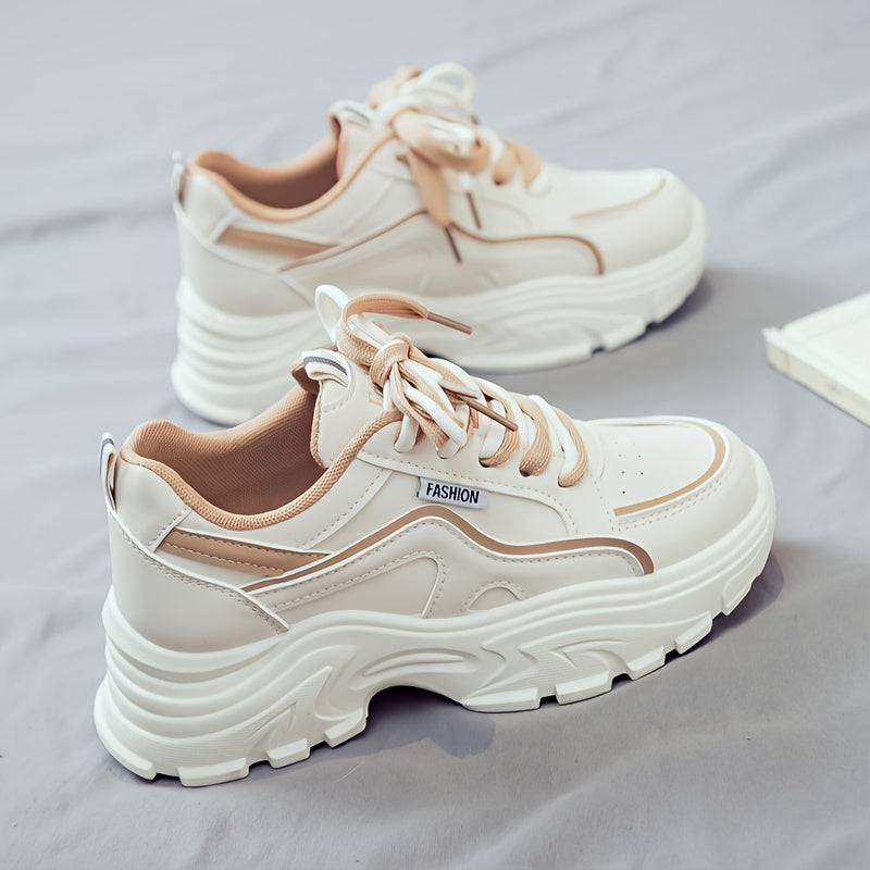 Women's Trendy Chunky Sneakers - Breathable Lace-Up Dad Shoes with Thick PVC Sole, White Beige Two-Tone Design, Versatile Low-Top Style for Casual Attire