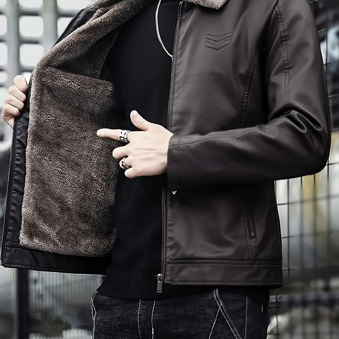 Men's Windproof Winter Jacket with Fleece & Collar, Zippered Pockets, Warm Coat for Skiing, Hiking, Motorcycle Riding - Hand Washable Cold Weather Outerwear (Black/Brown), Winter Clothes Men, Bomber Jackets For Winter, Mens W