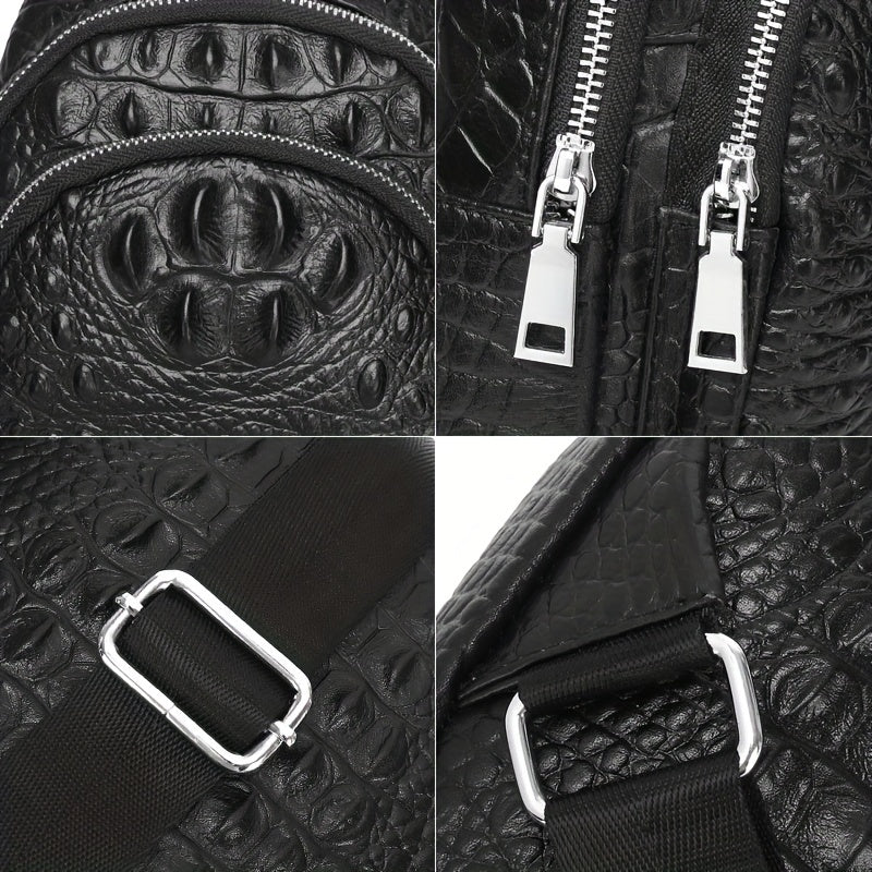 SCHLATUM Genuine Leather Crocodile Pattern Sling Bag - Black, Large-Capacity Multifunctional Crossbody Backpack for Travel, Sports Camping, Stylish Zipper Closure Design