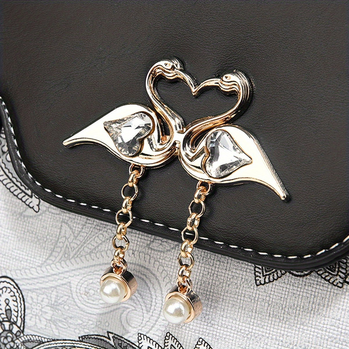 Elegant Floral Print Women'S Crossbody Bag with Magnetic Closure, Adjustable Strap, and Metal Swan Heart Charm, Synthetic Faux Leather Shoulder Purse with Polyester Lining and Painted Edges, Ladies Bag