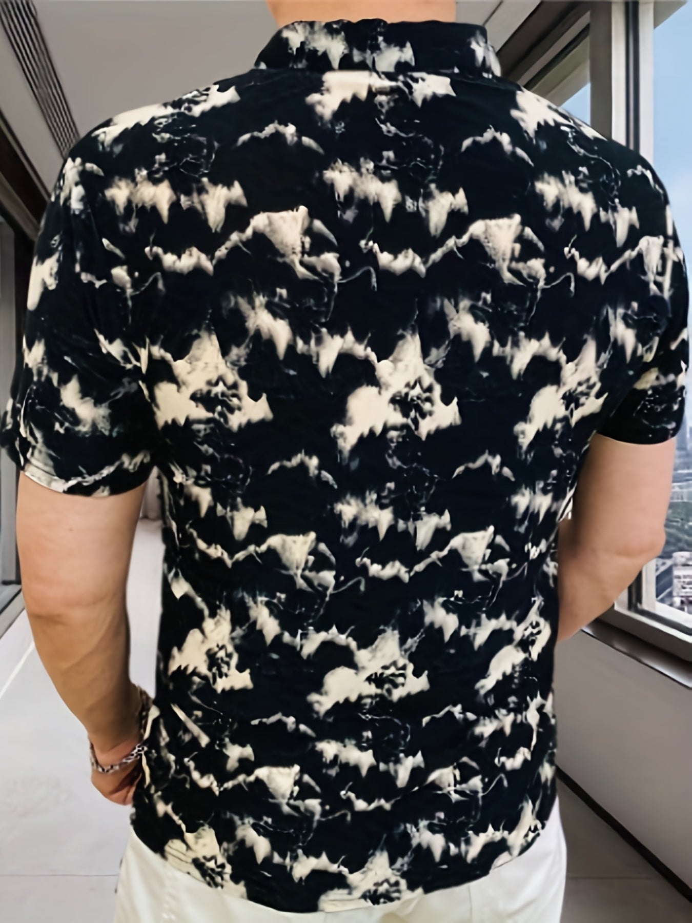 Men's Summer Short Sleeve Shirt - Breathable Color-Block Abstract Print, Stand Collar Casual Regular Fit, Hand Wash Only for Casual Attire, Trendy Fashion, Lightweight Fabric