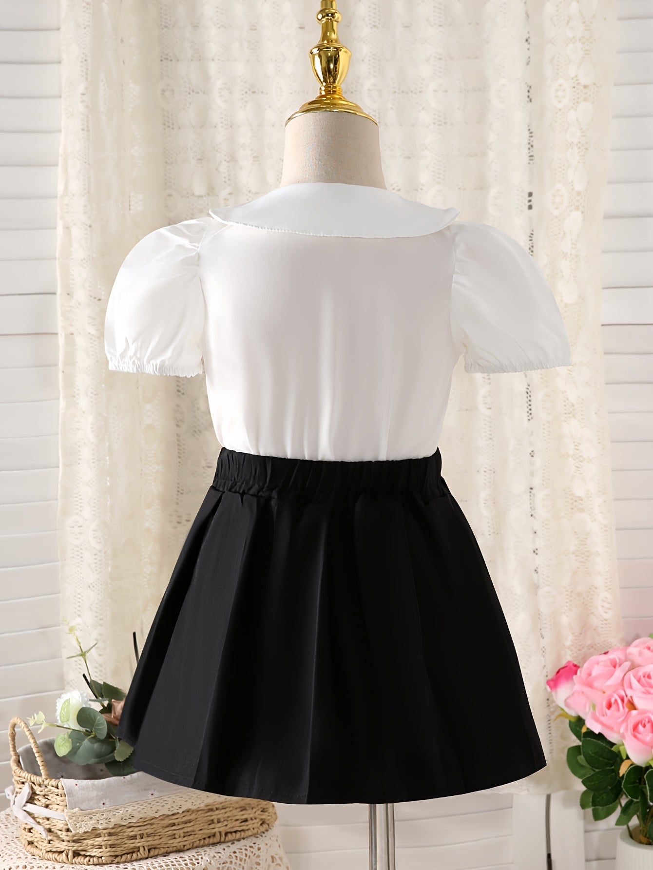 Girls' Preppy 2-Piece Puff Sleeve Top & Pleated Skirt Set