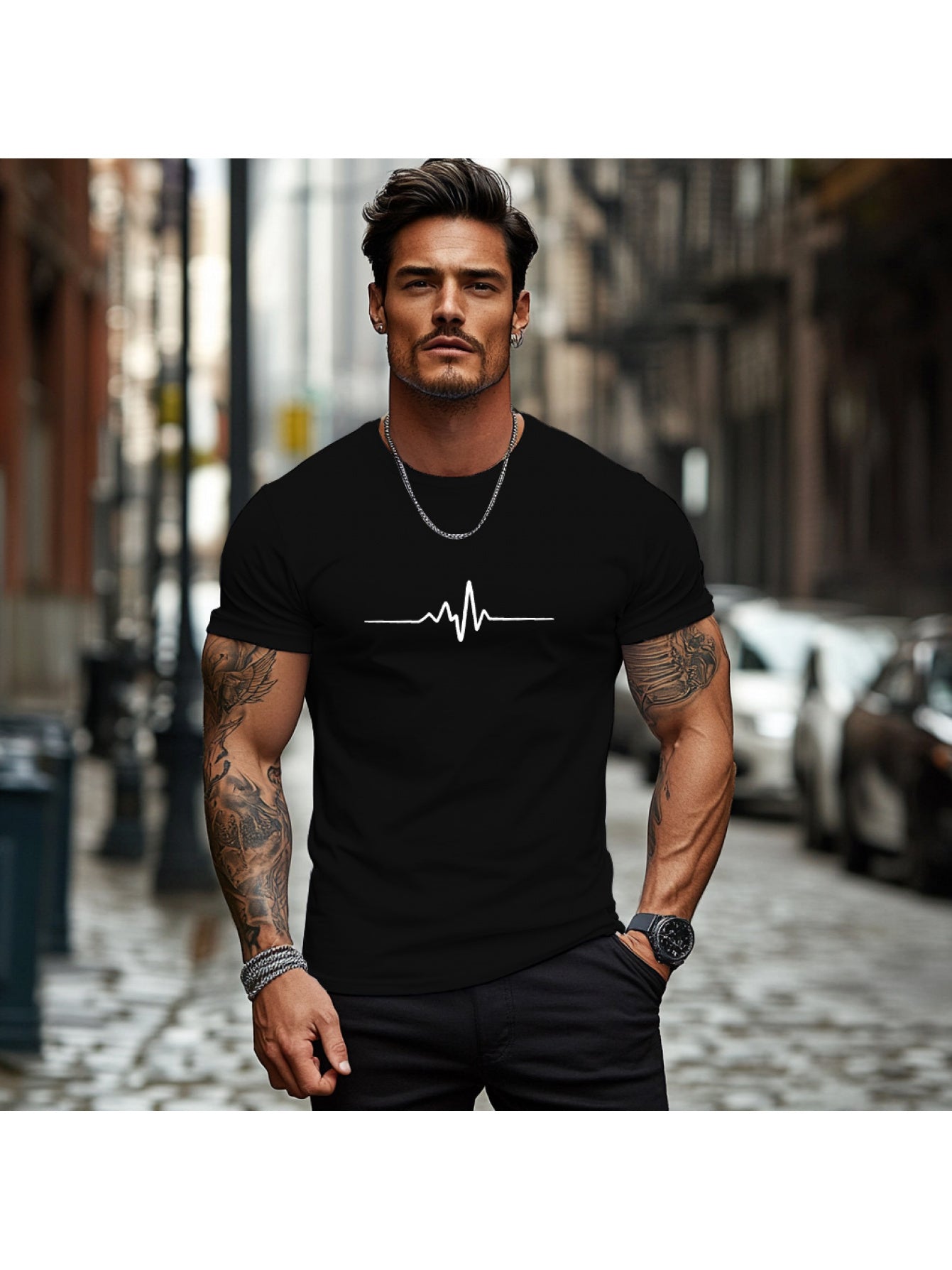 Men'S Brown T-Shirt with ECG Heartbeat Graphic - Casual Streetwear, Short Sleeve, Round Neck, Stretch Fabric, All-Season Comfort, Casual Streetwear Tee Round Neck Tshirt Comfortable Fit