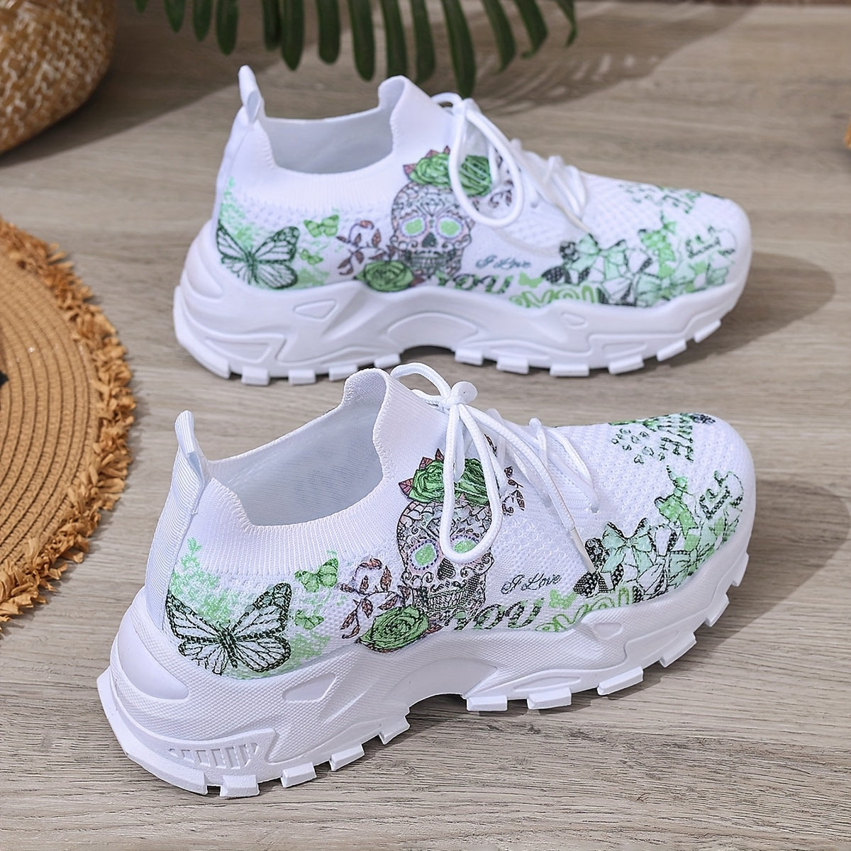 Women's Floral Skull Print Breathable Mesh Sneakers, Lightweight Low-Top Running Shoes with Soft PU Sole, Stylish Pink White Design for Casual Wear, Outdoor Travel Halloween Events, Allseason Footwear Japaneseinspired