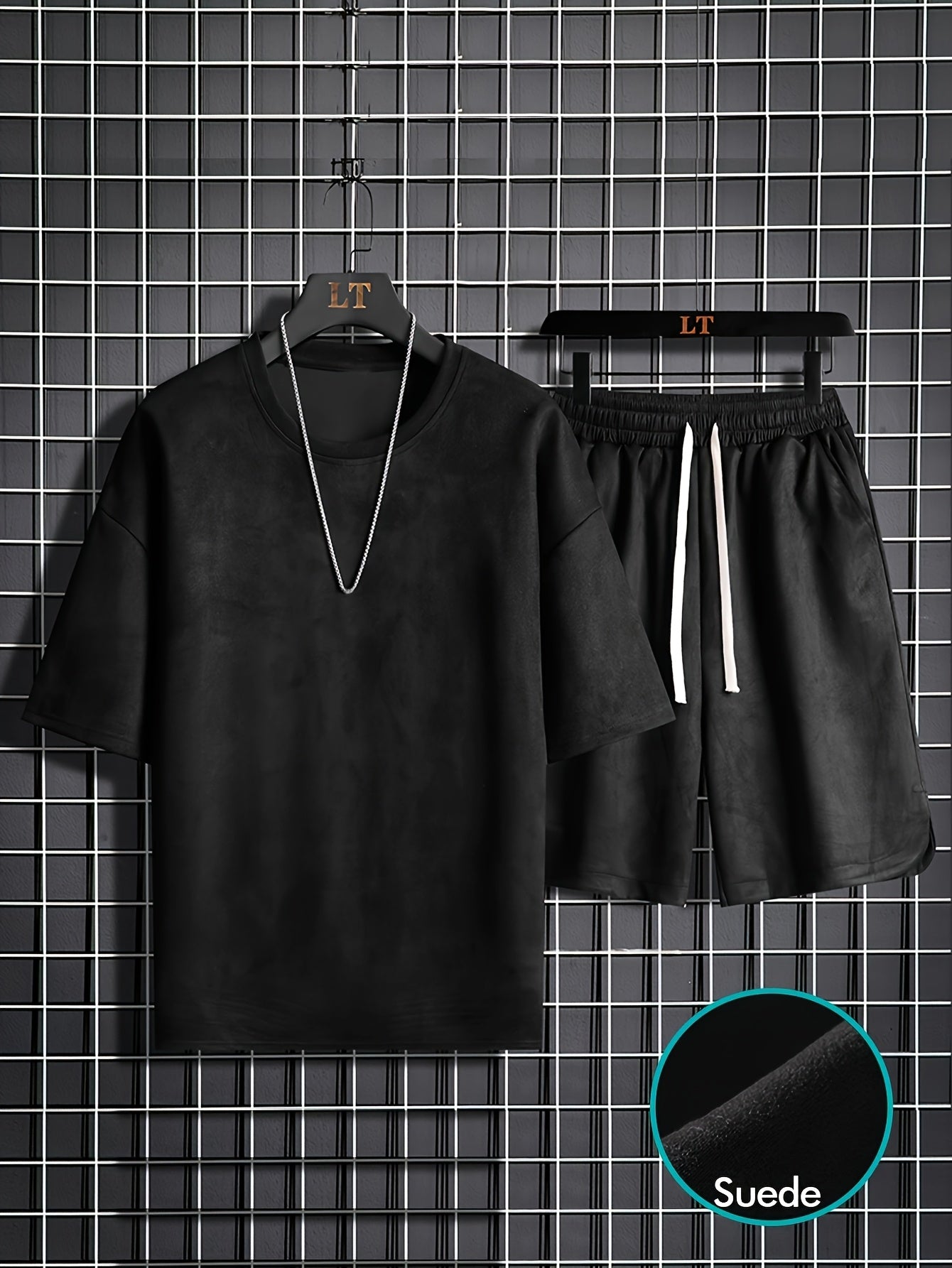Two-piece Men's summer short-sleeve set, round-neck T-shirt, high-end solid color, half-sleeve, open-back hair clip, thin-fit shorts