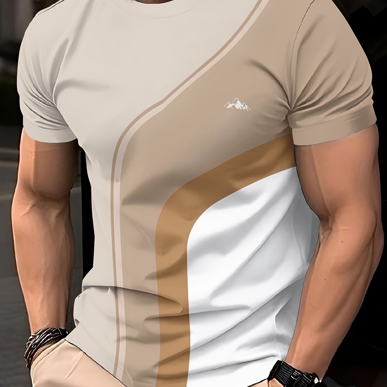 Men'S Beige Geometric Print T-Shirt - Casual Crew Neck, Slight Stretch Fabric, Modern Design with Striking Patterns, Everyday Tshirt Modern Tshirt Comfortable Fit