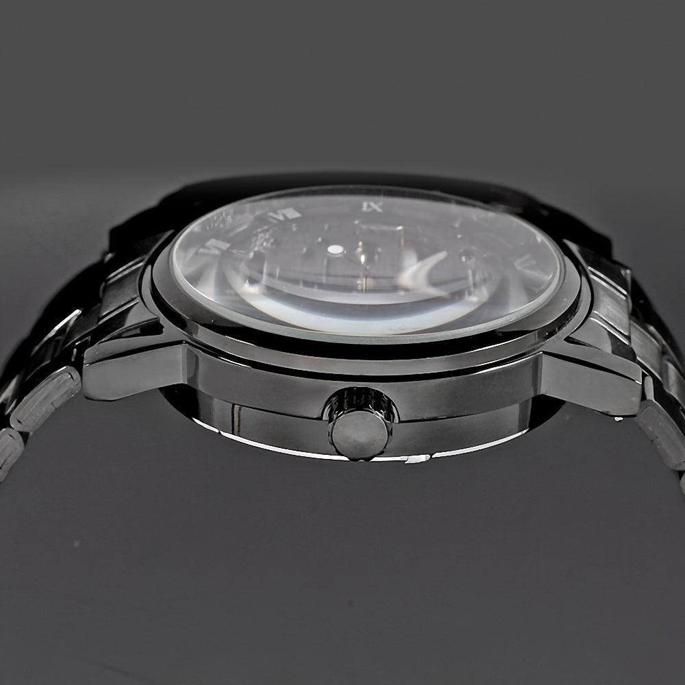 1pc T-WINNER Men'S Luxury Skeleton Automatic Mechanical Watch with Luminous Hands, Black Stainless Steel Strap & Roman Numerals - 3ATM High Quality, Business Casual Style, Includes Gift Box, Business Casual Watch | Skeleton W