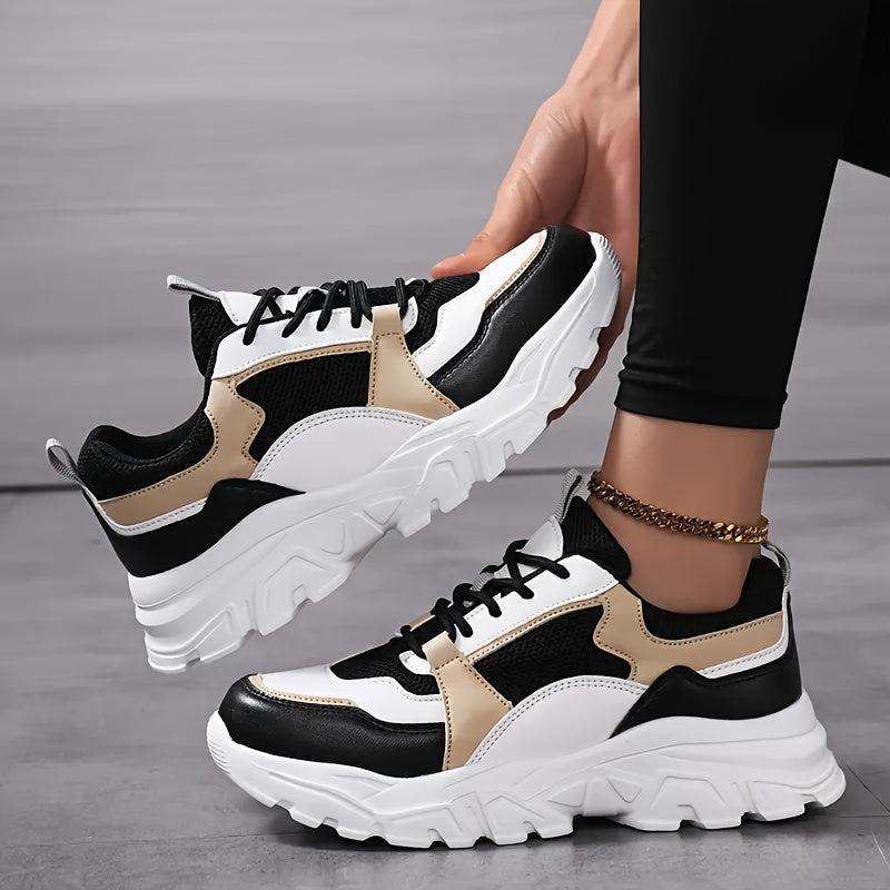 Women's Breathable Mesh Chunky Sneakers - Lightweight Casual Dad Shoes with Soft EVA Sole, White Golden Accents, Black Golden Design, Perfect for Running, Travel Casual Attire