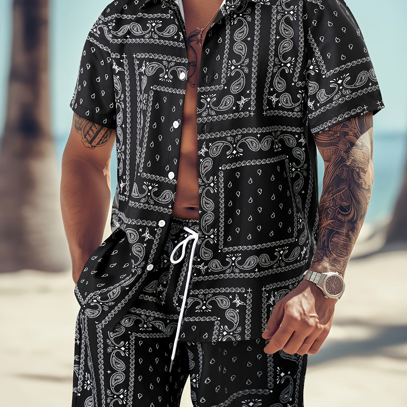 Men's Paisley Print Short Sleeve Shorts Single Button Shirt Suit with Elastic Cord and Pockets