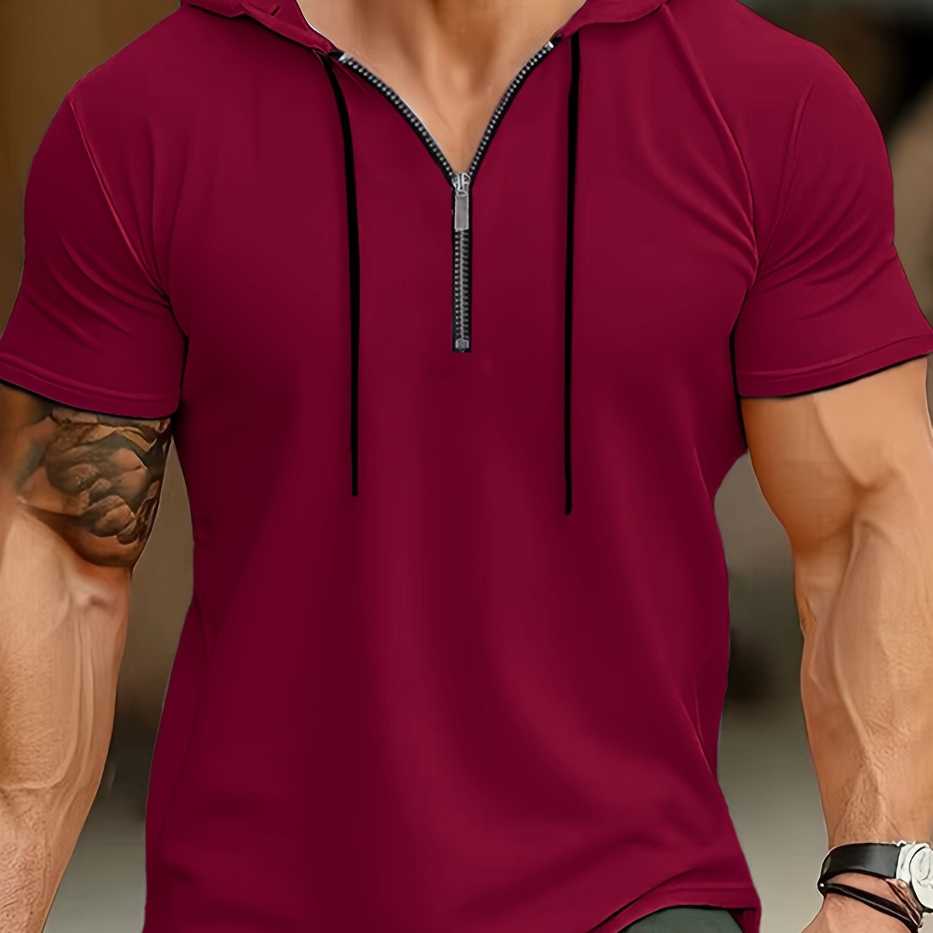1pc Men's Light Blue Casual Hooded Short Sleeve T-Shirt with 1/4 Zipper, Breathable Stretch Fabric for Gym, Outdoor Summer Wear, Gym Apparel, Stylish Contrast Detailing, Comfortable Fit