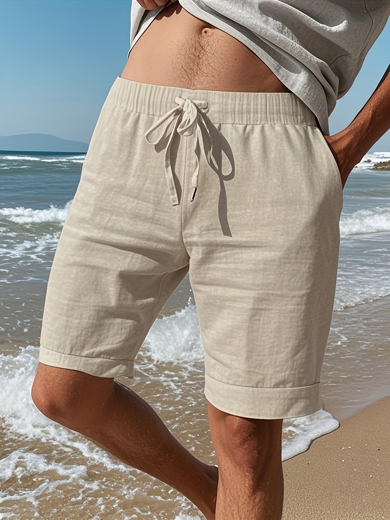 Men'S Light Blue Linen Shorts - Casual & Comfortable with Pockets, Drawstring Waist, Perfect for Summer Beach Outings and Casual Attir
