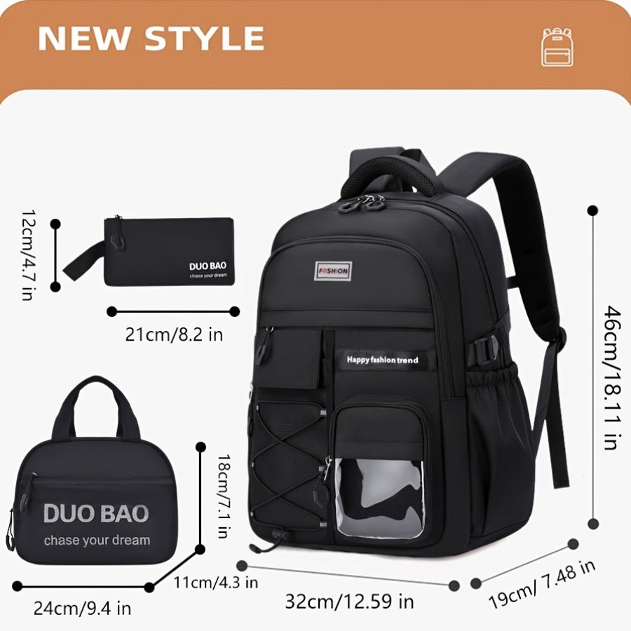 Large Capacity Backpack Set 3pcs, Polyester Lined, Spliced, Adjustable Shoulder Straps, Zipper Closure, Lightweight, Casual Style, for Going Out