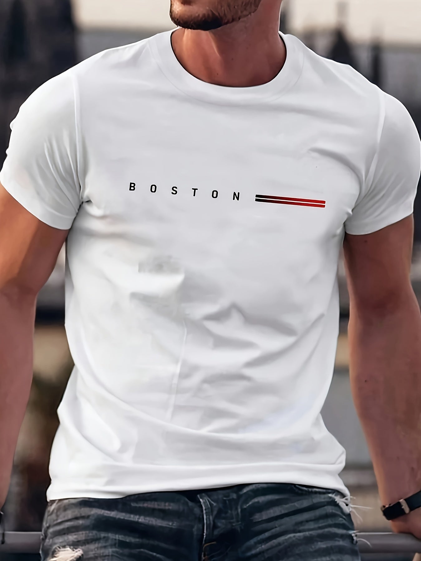 Men's Heavyweight 180gsm Cotton T-Shirt - Dark Gray Crew Neck Tee with Bold "Boston" Print, All-Season Everyday Formal Shirt for Men - Machine Washable Luxury Casual Top, Versatile Clothing, Modern Design, Premium Fabric, S