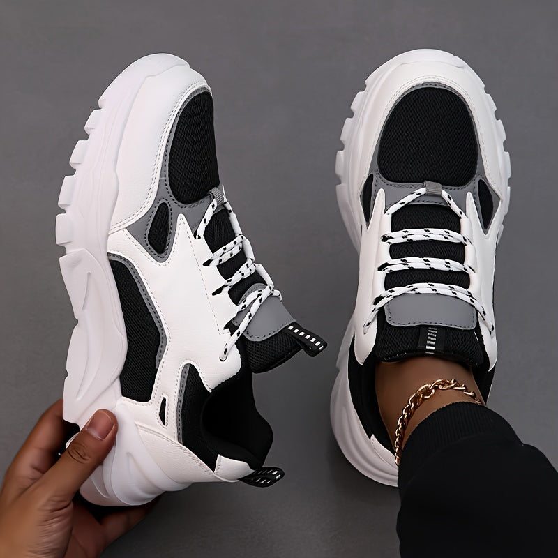 Men's Casual Athletic Sneakers, Lightweight Breathable Lace-Up EVA Sole Low-Top Sneakers, Black White Color Block