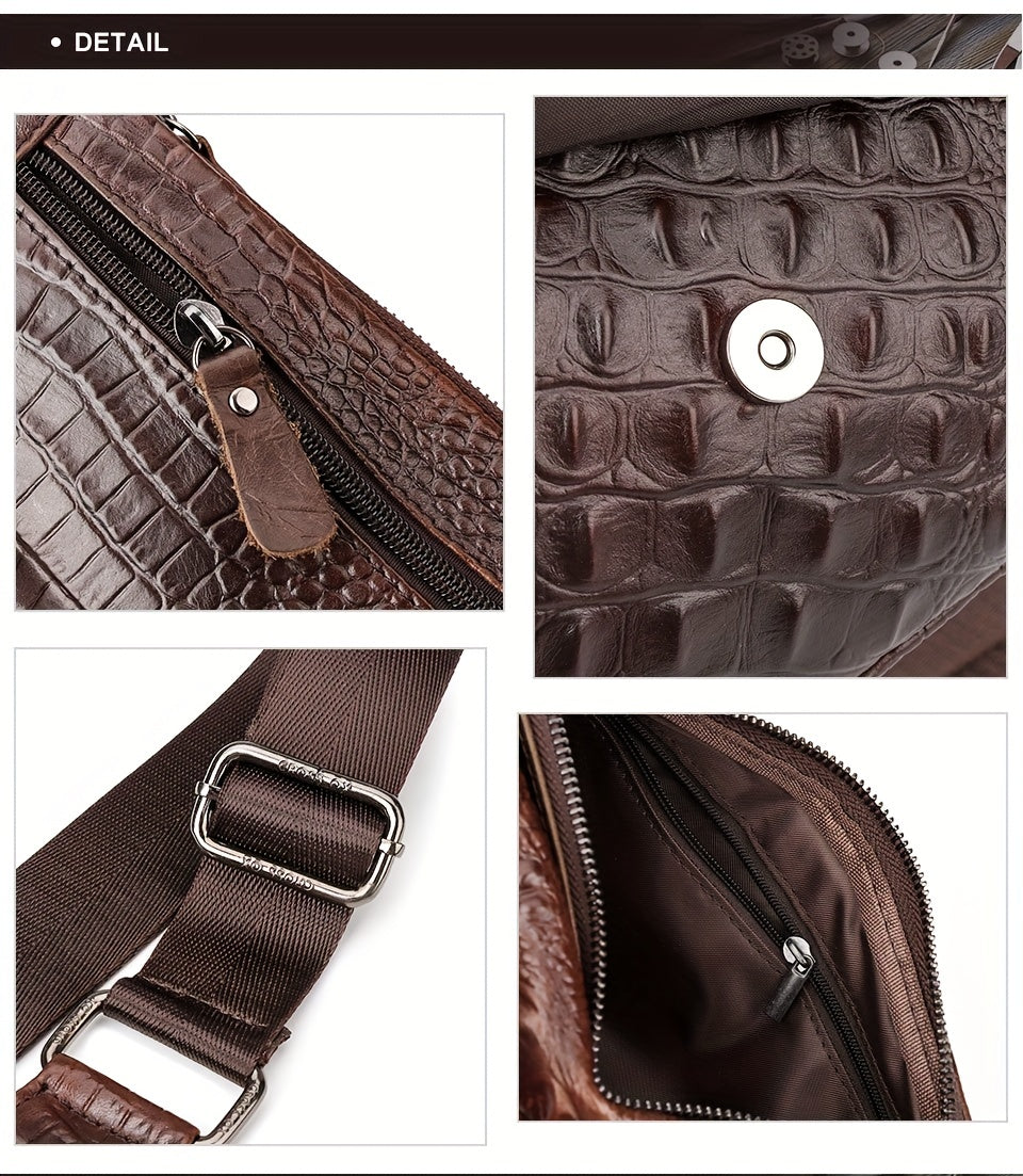 HUMERPAUL Men'S Casual Brown Leather Crossbody Bag with Alligator Print - Adjustable Strap, Multi-Compartment, Everyday Commute Shoulder Bag, Everyday Bag Casual Style Bag Adjustable Strap Bag