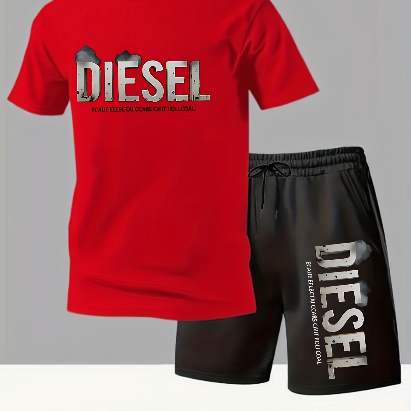 Summer Men'S Casual Sports Short Sleeve T-Shirt and Shorts Set, Comfortable Breathable, Suitable for Outdoor Jogging Running Fitness, Diesel Letter Print Design - 2pcs Set