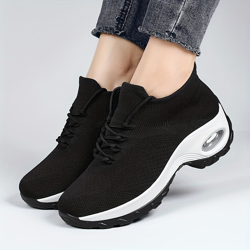 Women'S Breathable Mesh Casual Sneakers - Comfortable, Lightweight Running Walking Shoes with Air Cushion, Shock-Resistant Sole, Lace-Up Design in Black and White