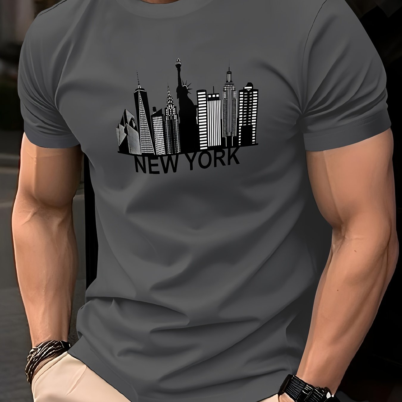 Men's Quick-Dry Summer T-Shirt with New York City Skyline Graphic Print - Breathable Moisture-Wicking Fabric, Regular Fit Round Neck Tee for Casual Outdoor Wear, Machine Washable, Comfortable Fit